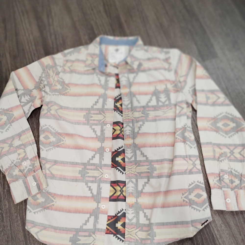On the Byas Beige and Gray Geometric Button Down Shirt